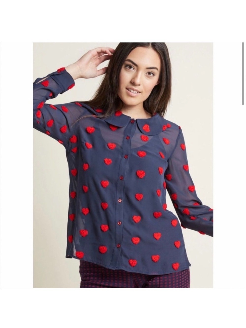 ModCloth Navy Blue Sheer Blouse with Red Heart Embroidery, Size L